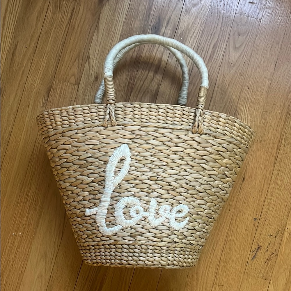 BHLDN Anthropologie Woven Tan Tote Bag with White 'Love' Detail